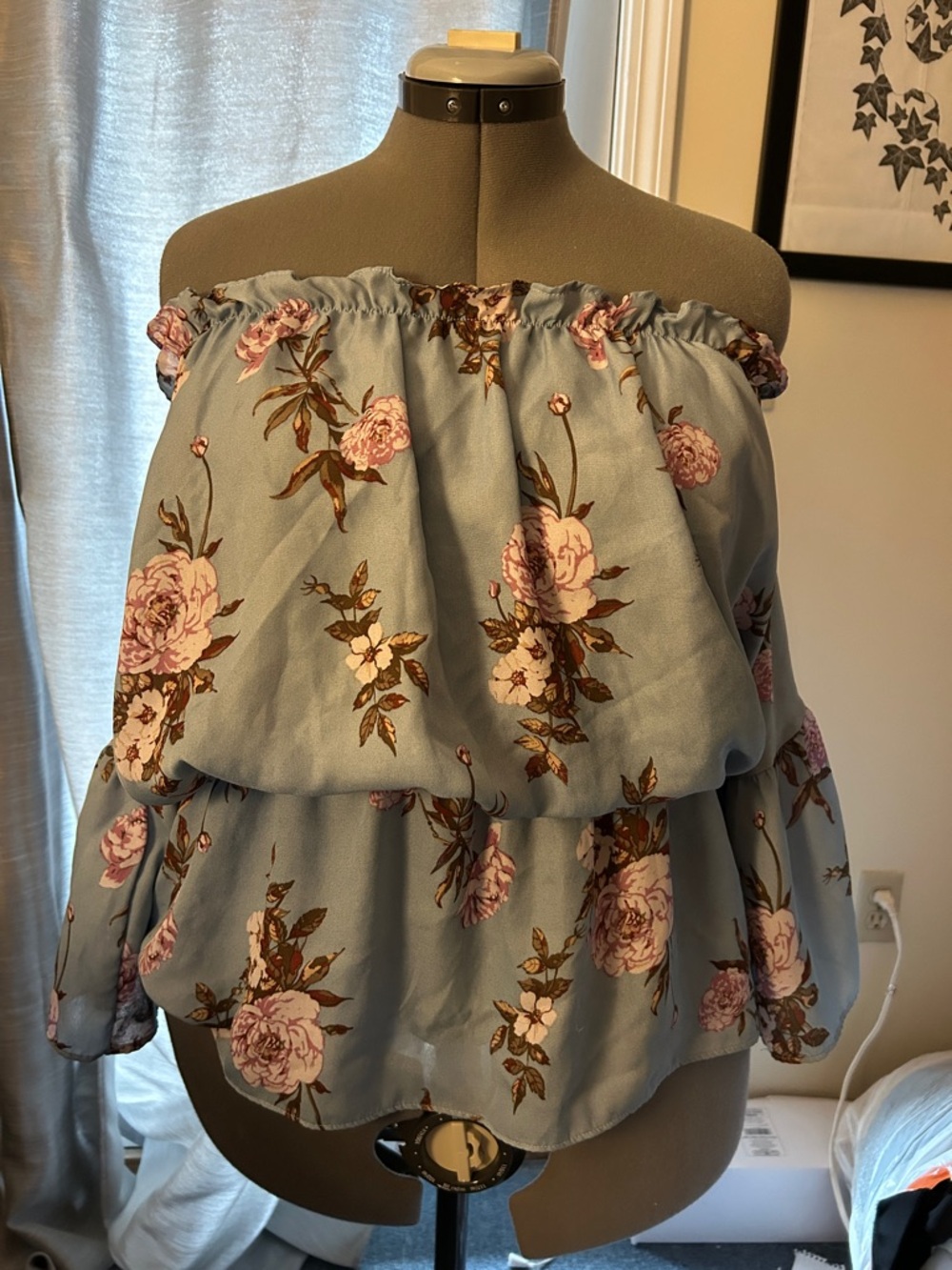 Blue Floral Off-Shoulder Blouse
